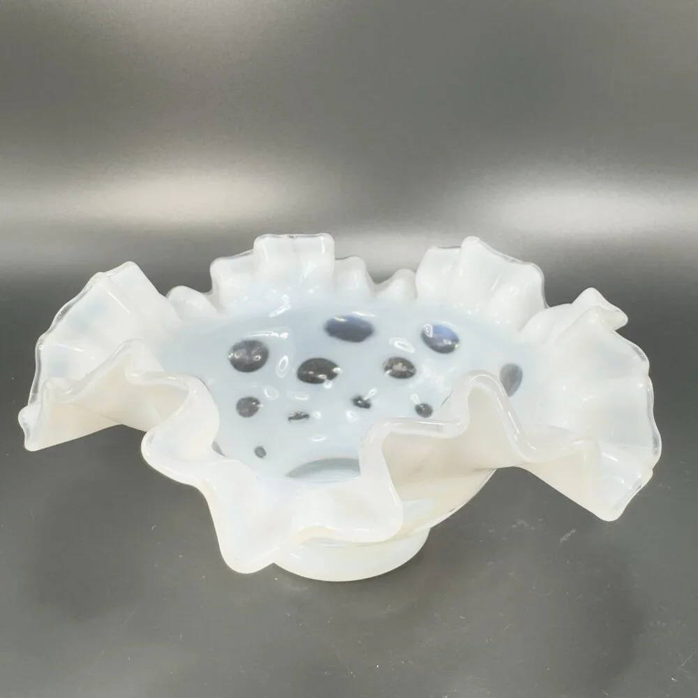 Fenton White Opalescent‎ Clear Coin Dot Ruffled Edge Glass Bowl Dish Vintage